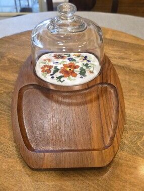 Vintage Mid-Century Modern Dolphin Teak Cheese & Cracker Board with Glass Cloche